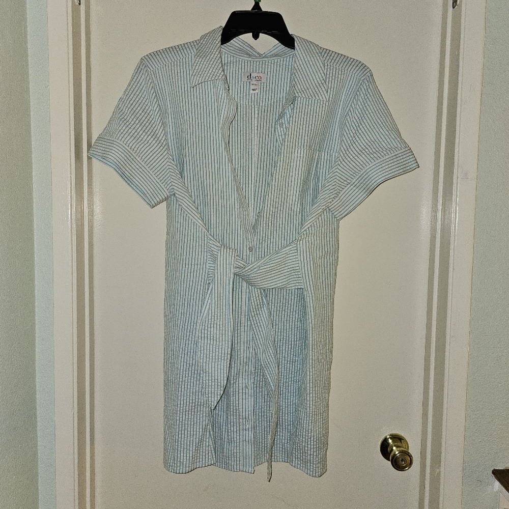 Denim and Co. Petite Seersucker Tie Shirt Dress